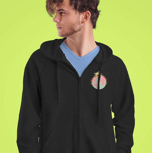 DOUBLE FABRIC HOODIE WITH ZIPPER. Custom printed mini P-O-P world logo