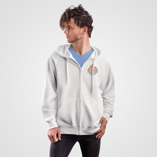 DOUBLE FABRIC HOODIE WITH ZIPPER. Custom printed mini P-O-P world logo